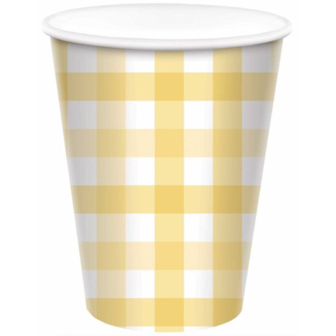 Pastel yellow 266ml paper cups with gingham design, perfect for drinks at parties and gatherings, pack of 8 disposable cups.