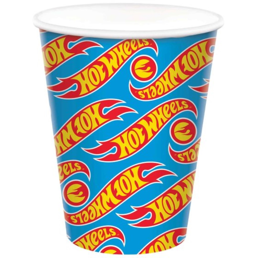 Colorful Hot Wheels 266ml paper cups in a pack of 8, perfect for racing-themed parties and eco-friendly celebrations.