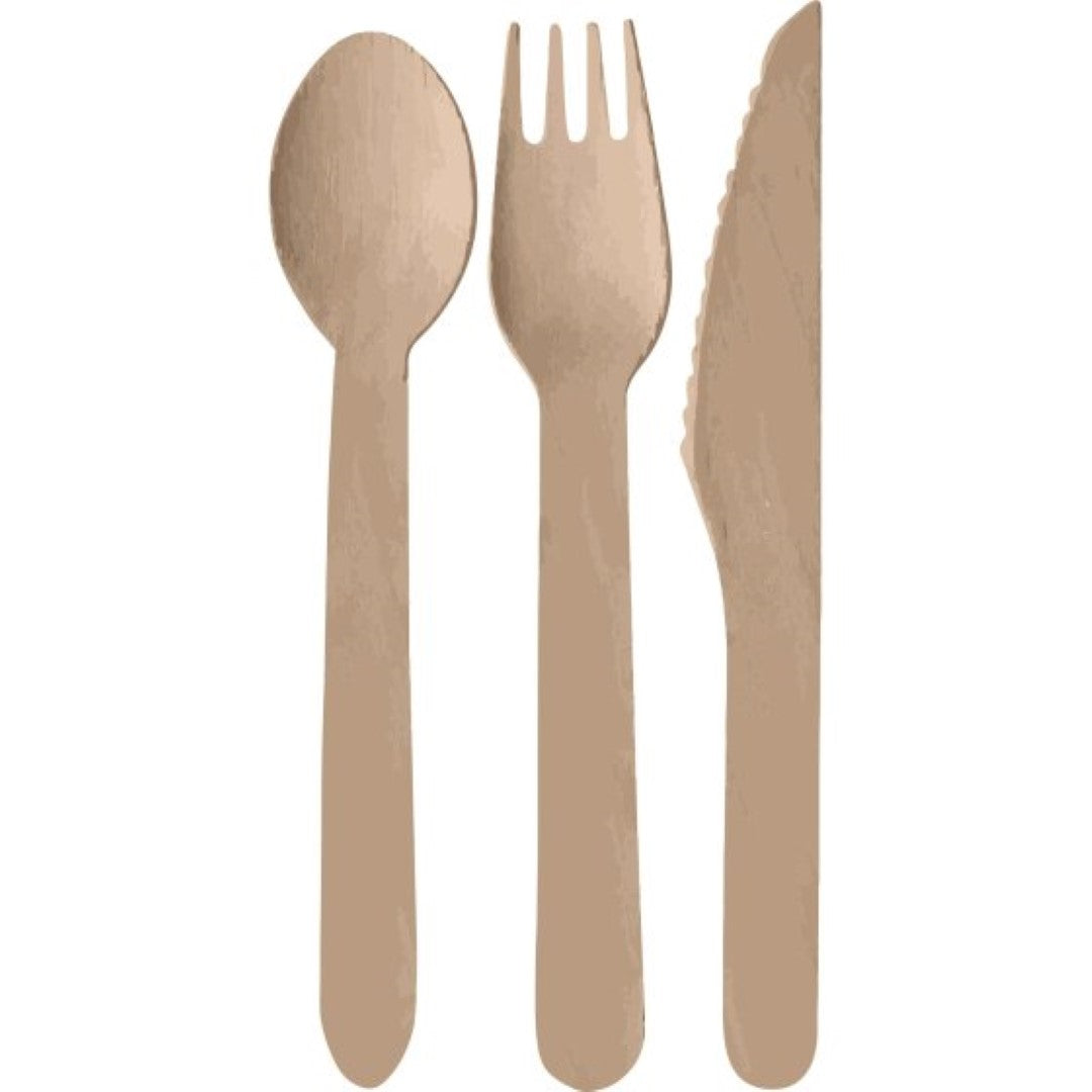 Wooden cutlery set with forks, knives, and spoons, made from FSC certified wood, perfect for eco-friendly dining.