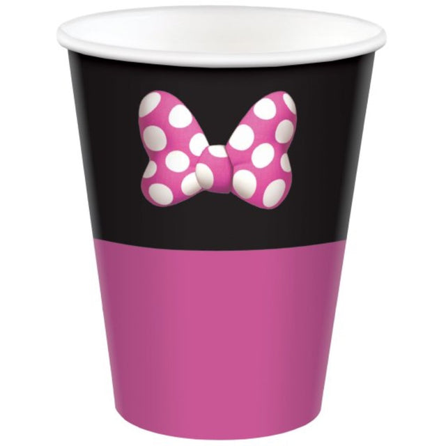 Colorful Minnie Mouse paper cups, 9oz, perfect for parties or gatherings, eco-friendly and convenient for hot or cold drinks.