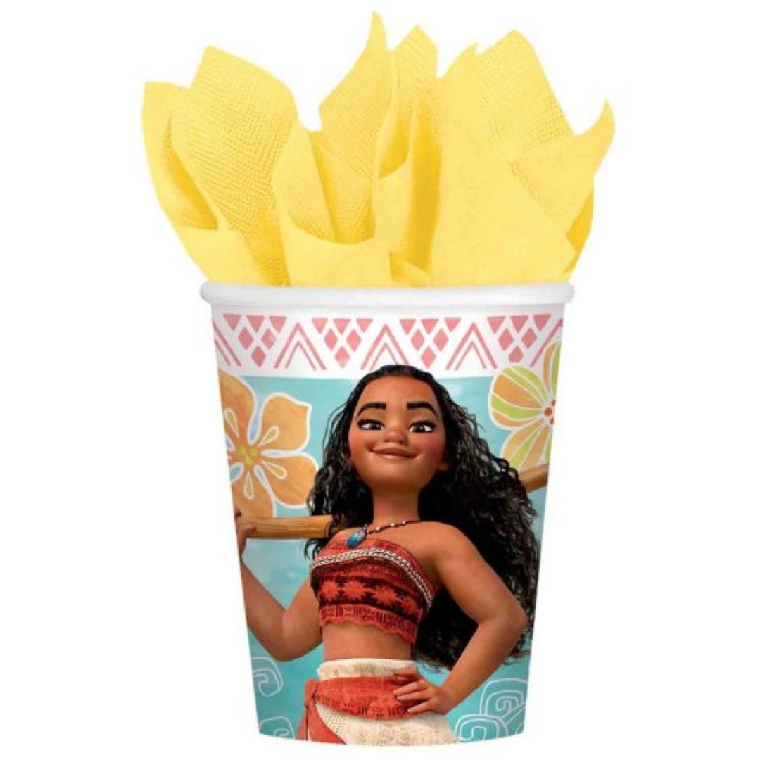 Moana-themed paper cups, 266ml capacity, pack of 8; eco-friendly, perfect for kids' parties and gatherings.