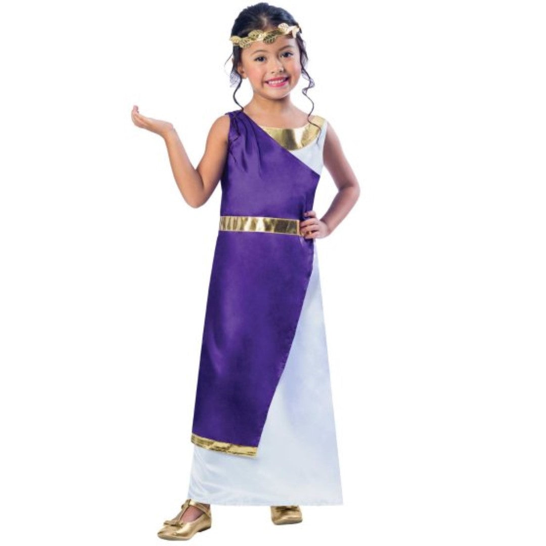 Elegant Roman girl costume for ages 9-10, featuring a detailed dress and matching headband for immersive play.