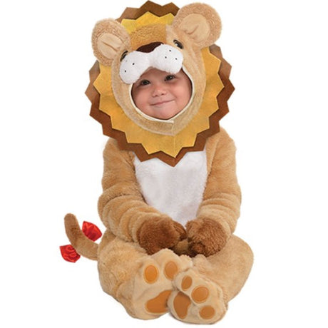 Adorable infant lion costume with hood, jumpsuit, handcovers, and booties for playful dress-up fun.