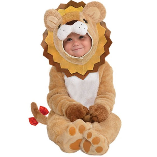 Adorable Little Roar Lion Costume for toddlers with jumpsuit, hood, handcovers, and tail, perfect for playtime or Halloween.