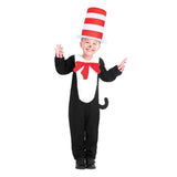 Black Dr. Seuss Cat in the Hat jumpsuit with matching hat, white tummy panel, and red bow, sizes 6-8 years.