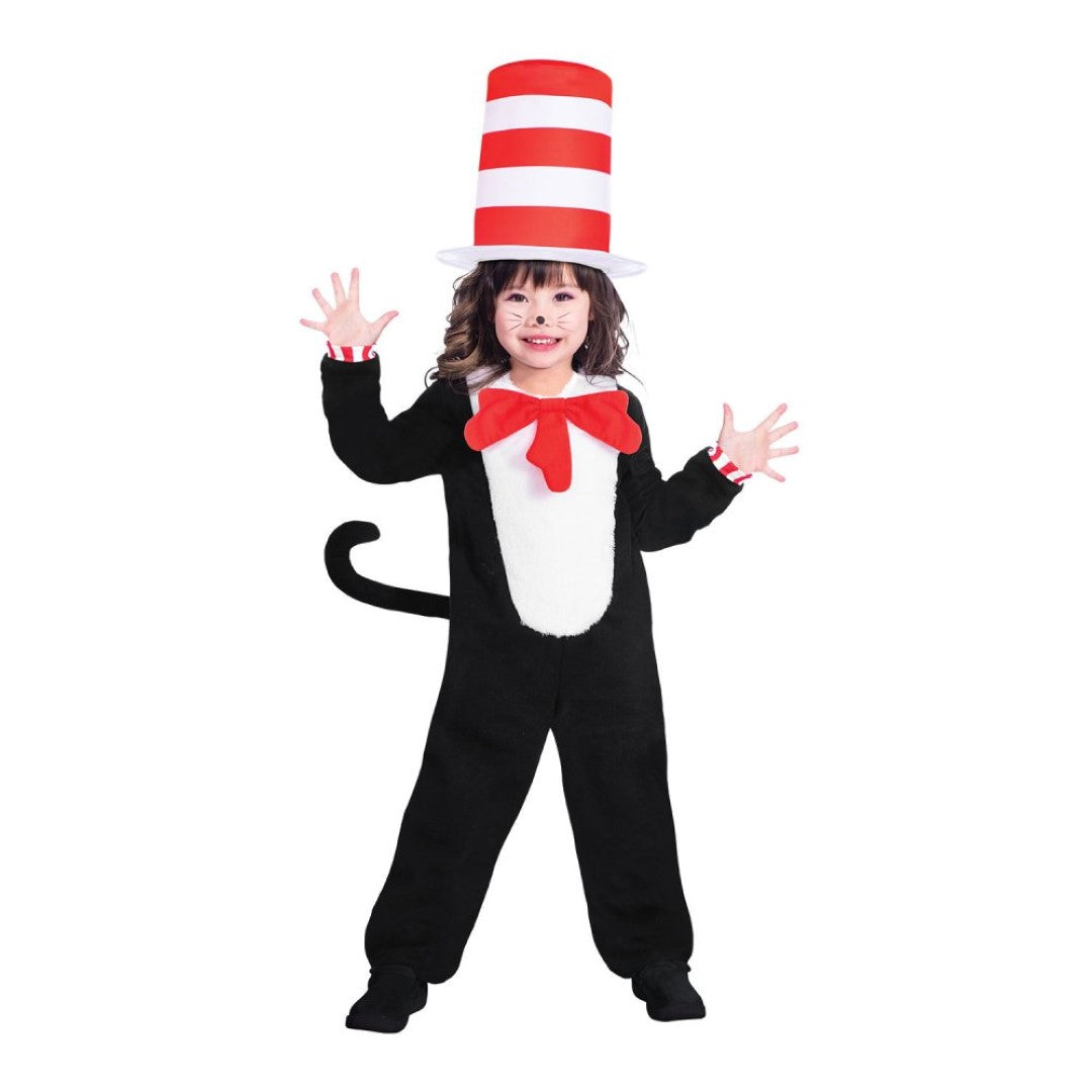 Costume jumpsuit for kids featuring black design, white tummy, red bow, and matching striped hat and cuffs.