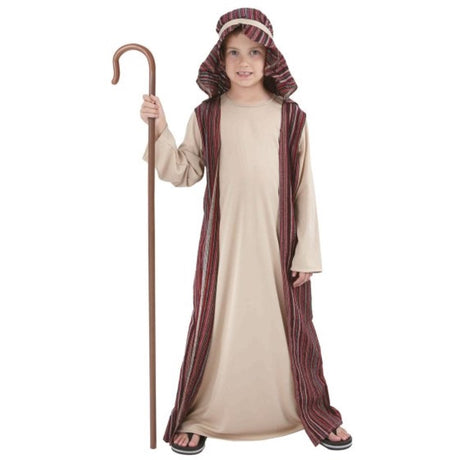 Little boy dressed in a charming shepherd costume with a vibrant robe and matching headpiece, perfect for Christmas pageants.