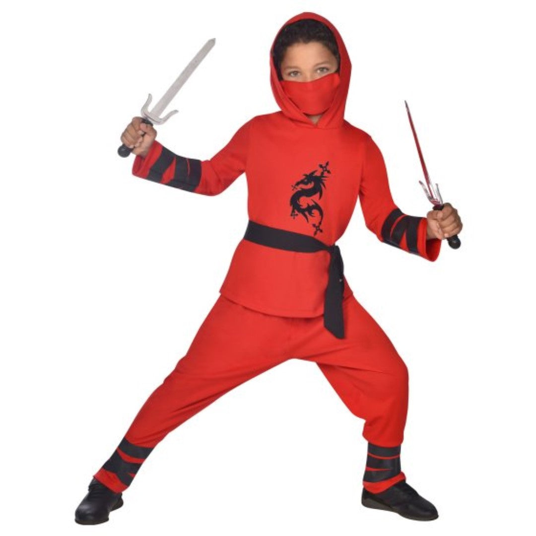 Vibrant red Ninja Warrior costume for kids 4-6, featuring a top with hood, trousers, belt, and face mask for adventurous play.