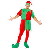 Men's standard size elf costume featuring a green tunic, playful collar, and hat for festive holiday celebrations.