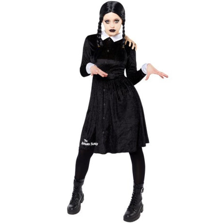 Wednesday Addams women's costume in size 6-8, featuring a black dress embodying her iconic spooky style for Halloween or cosplay.