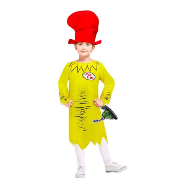 Costume for kids aged 4-6 featuring a vibrant robe, whimsical hat, and accessories inspired by Dr. Seuss's Sam I Am.