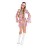 Vibrant Disco Diva costume for ages 12-14, featuring colorful sequins and a stylish headscarf, perfect for parties and dancing.