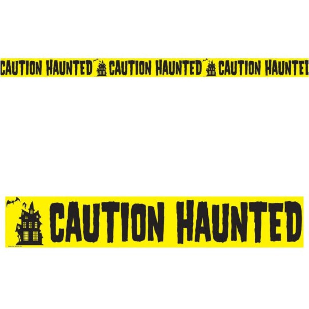 Bright yellow caution tape with black lettering, perfect for creating a spooky atmosphere at Halloween parties or haunted houses.