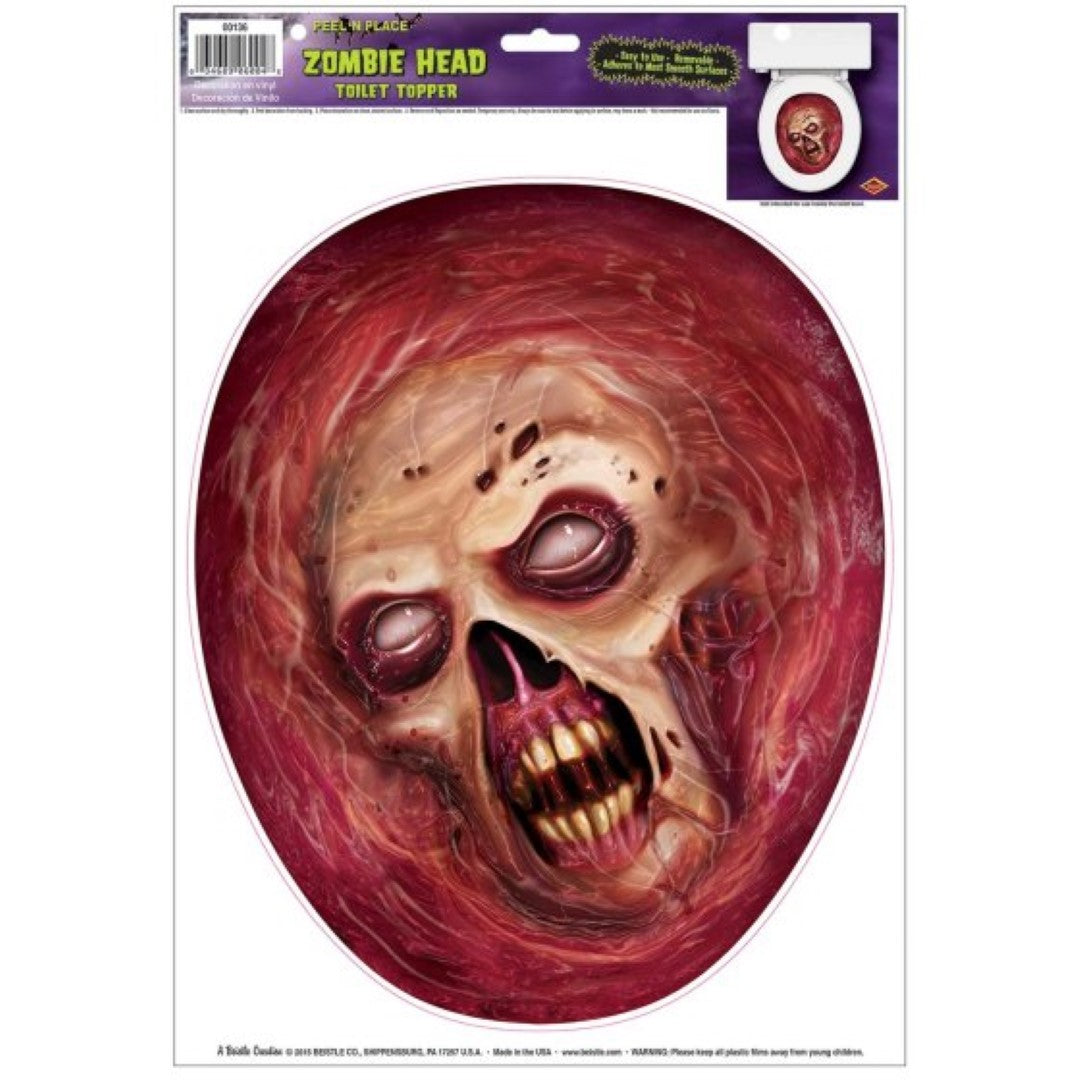 Lifelike zombie head toilet topper for Halloween decor, easy-to-use, durable, and perfect for adding a spooky touch.