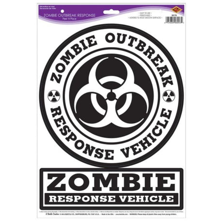 Beistle Zombie Outbreak Response Peel 'N Place, featuring vivid zombie designs for Halloween decor, 30cm x 43cm sheets.