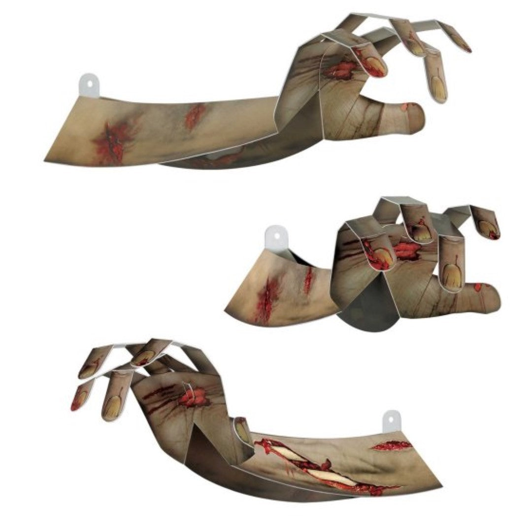 Beistle 3-D Zombie Hands in a pack of 4, measuring 38cm, perfect for creating a spooky Halloween atmosphere.