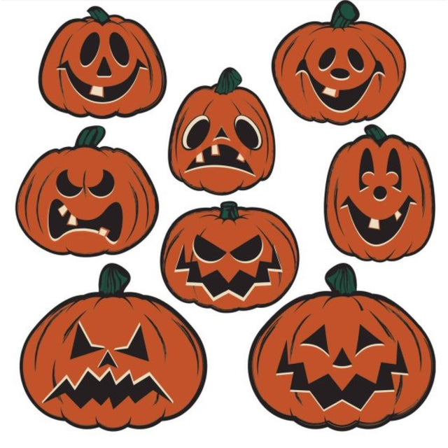 Vintage Halloween pumpkin cutouts in vibrant colors, ideal for festive decor, measuring 17-24cm, pack of 8.