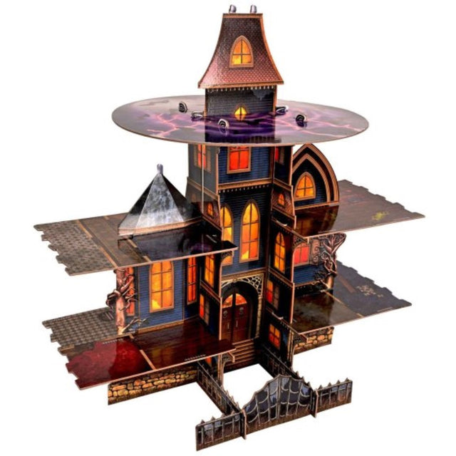 Haunted house-themed cupcake stand with spooky details, perfect for Halloween celebrations and showcasing treats.