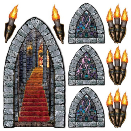 Beistle Stairway, Window & Torch Props - Pack of 9 for Halloween and themed parties, measuring 46cm to 152cm.