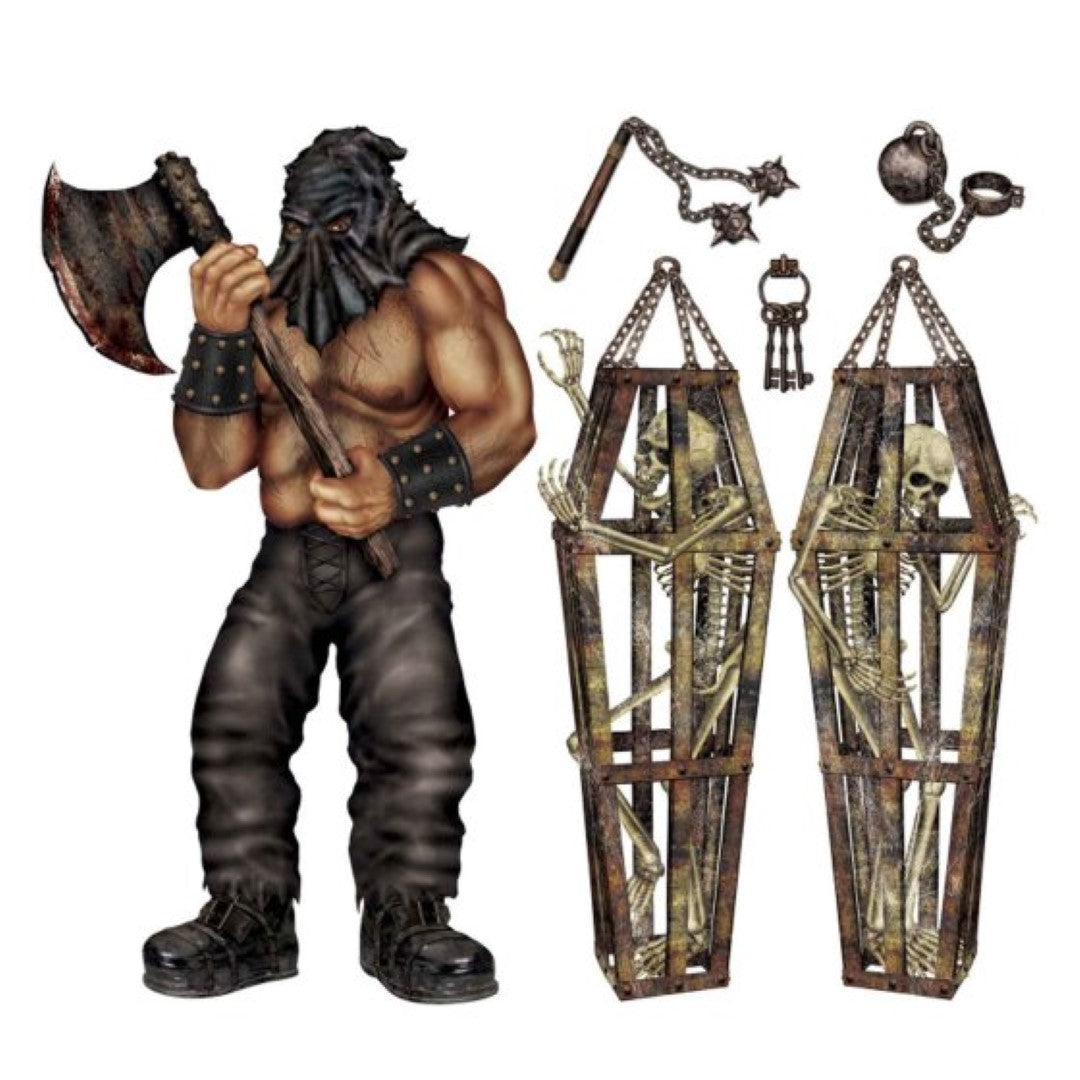 Life-size Beistle executioner and skeleton props in a pack of 6, perfect for Halloween decor and spooky displays.