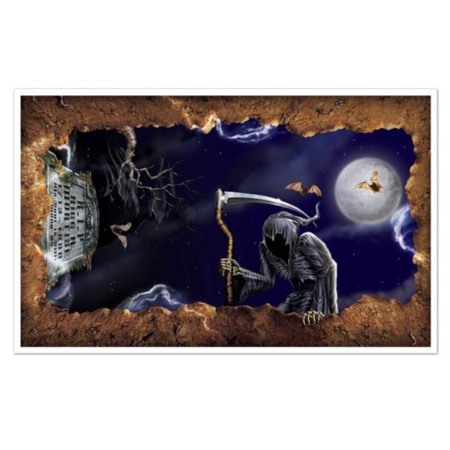 High-quality 98cm x 159cm Halloween backdrop featuring a lifelike graveyard scene for spooky decorations and photo ops.