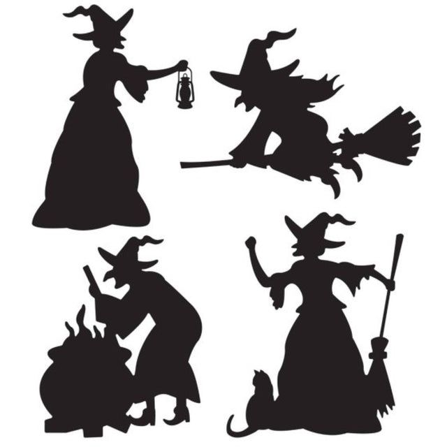 Four Beistle witch silhouettes in varying sizes, perfect for Halloween decoration and festive photo booths.