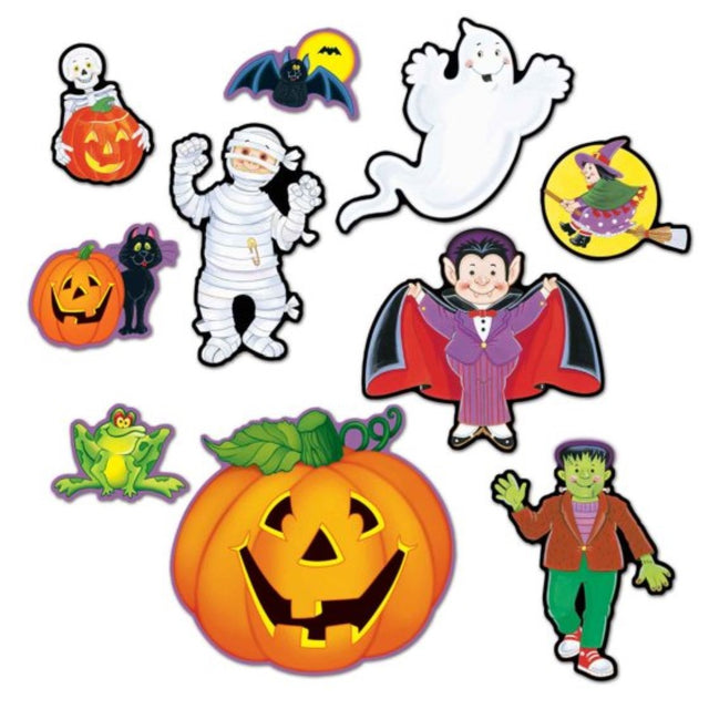 Colorful Beistle Halloween cutouts featuring ghosts, pumpkins, and witches, perfect for enhancing spooky celebrations.