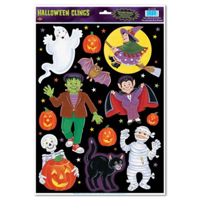 Colorful Halloween character clings featuring ghosts, pumpkins, and witches for festive window and wall decorations.