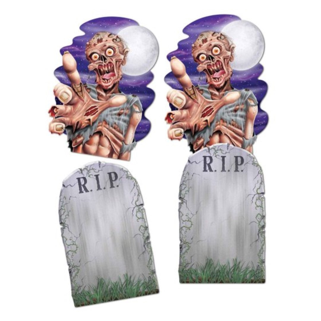 Beistle Jumbo tombstone and zombie cutouts, 62cm, perfect for spooky Halloween decor at parties or haunted houses.