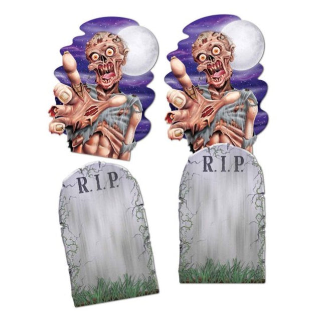 Beistle Jumbo tombstone and zombie cutouts, 62cm, perfect for spooky Halloween decor at parties or haunted houses.