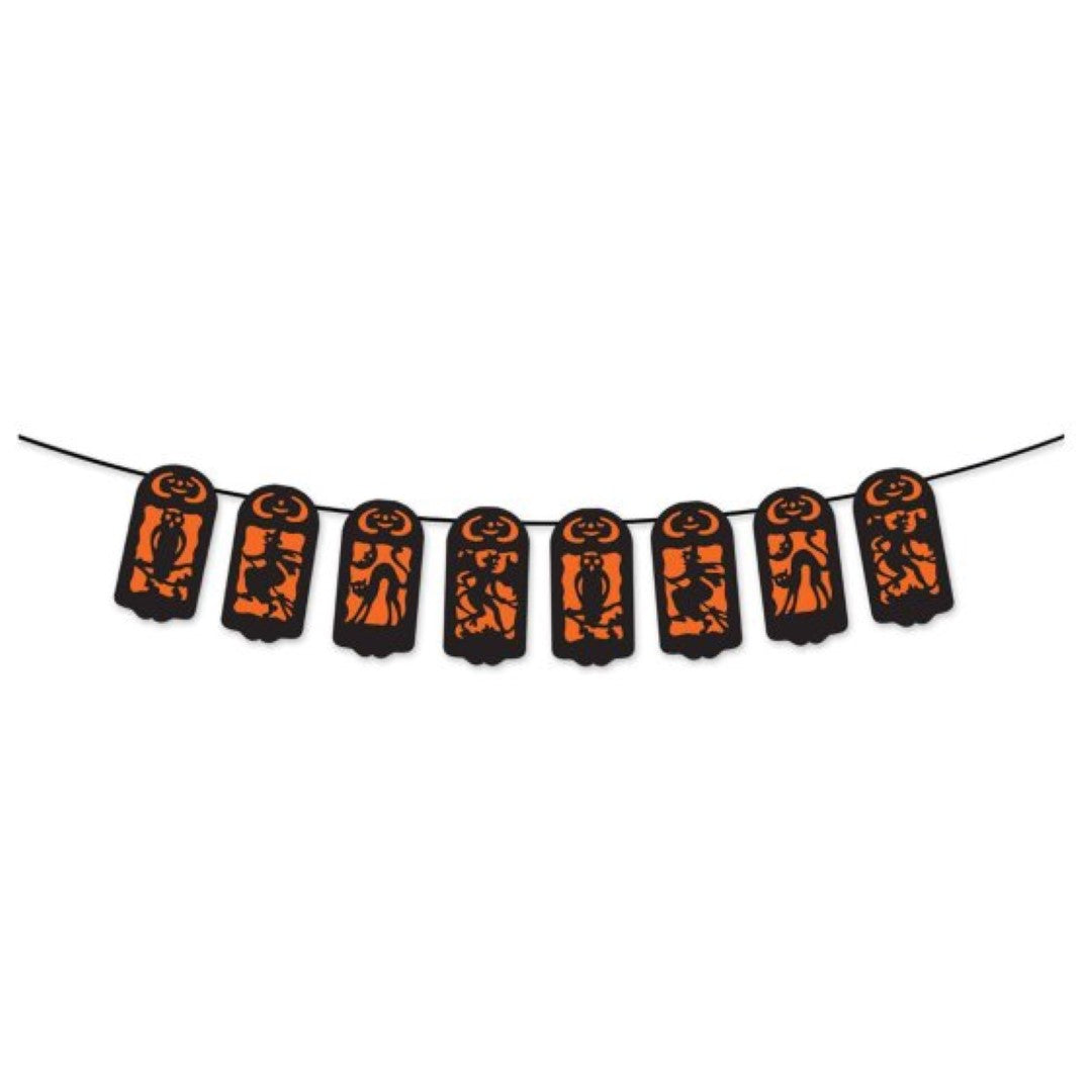 Vintage Halloween window banner measuring 183cm, featuring nostalgic designs and vibrant colors for festive decor.