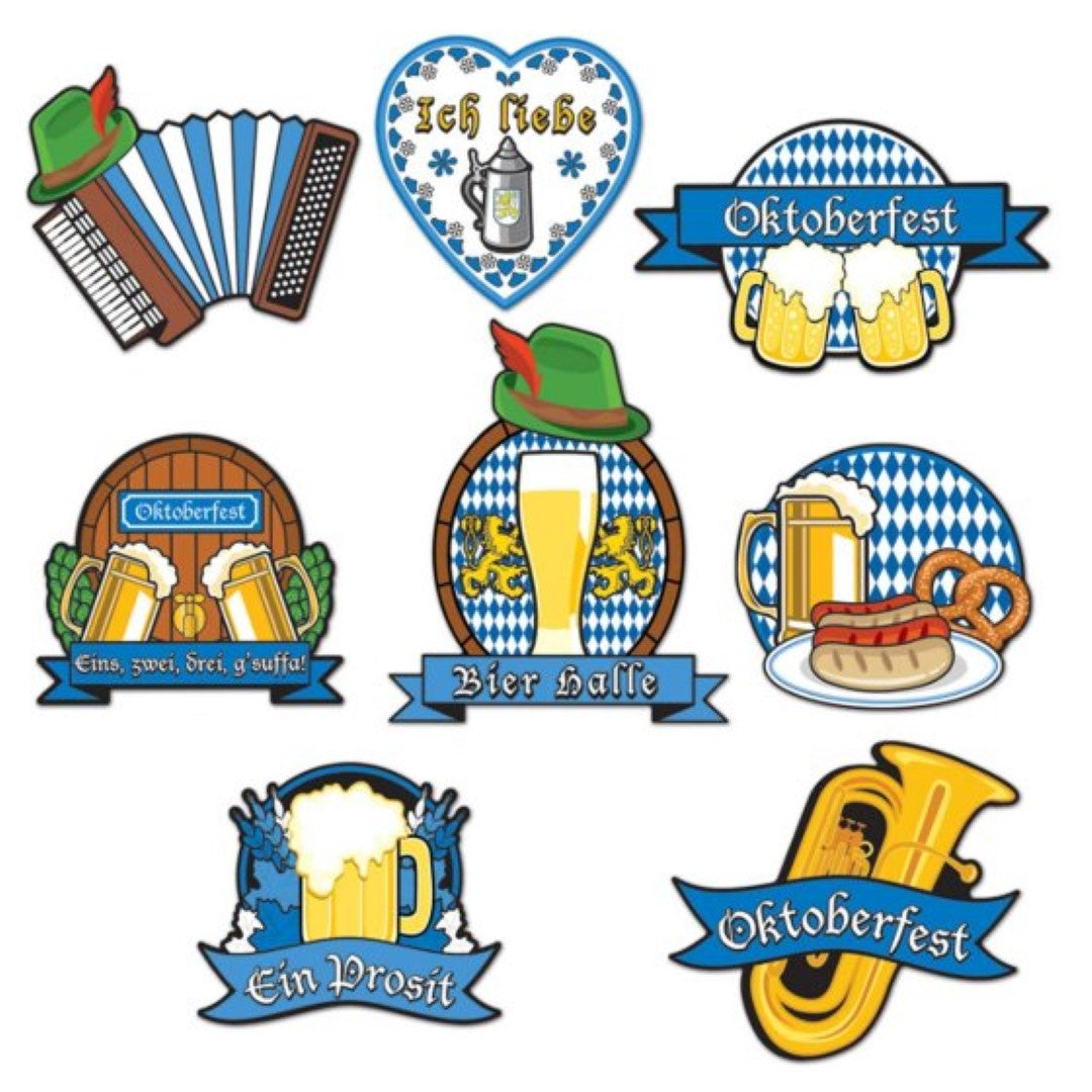 Oktoberfest cutouts featuring beer steins and pretzels; perfect for party decorations or wall art, sizes 22cm to 33cm.