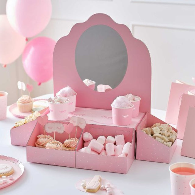 Pamper Party Pamper Station kit featuring pink boxes, treat tubs, a mirror, and whimsical toppers for DIY spa events.