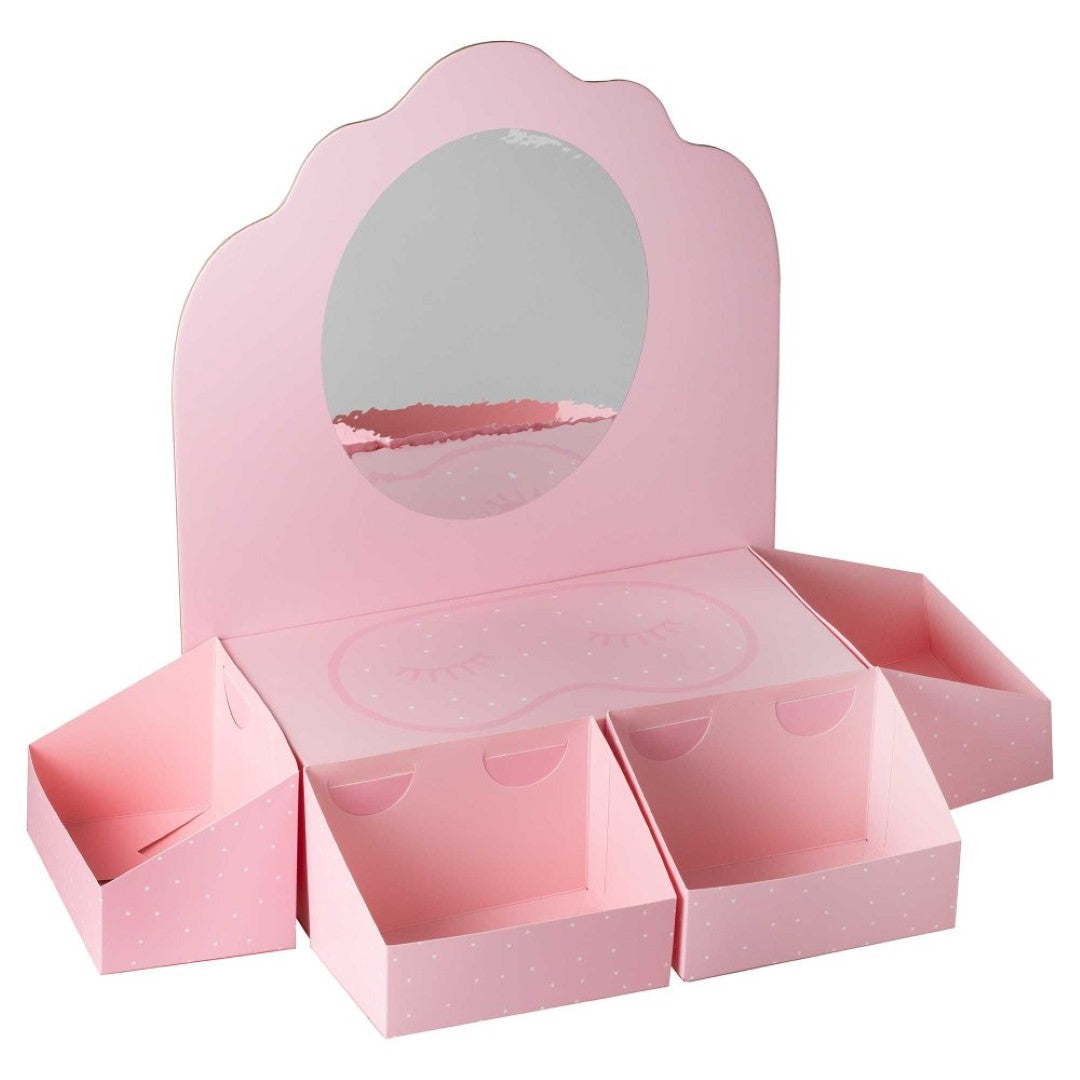 Pamper Party Pamper Station kit with pink boxes, treat tubs, mirror, and toppers for an unforgettable DIY spa experience.