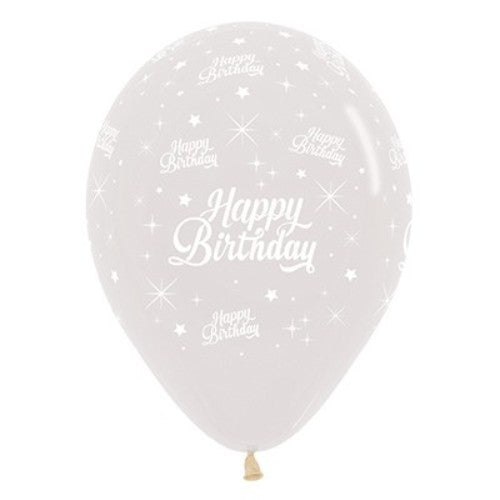 30cm clear latex balloons with a jewel crystal finish, perfect for elegant birthday celebrations, sold in a pack of 6.