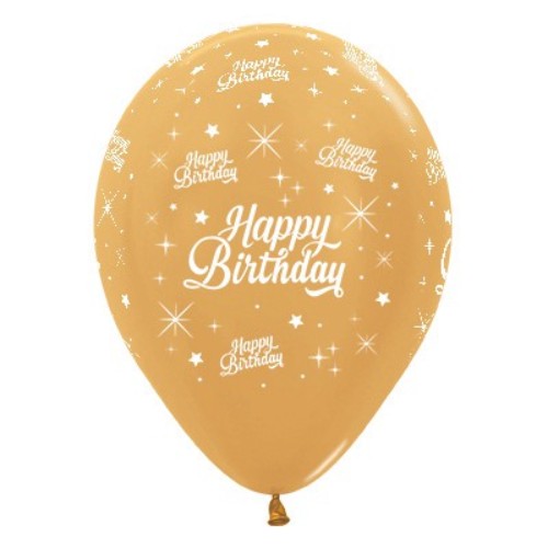 30cm gold metallic birthday balloons with twinkling stars, perfect for elegant party decor and celebrations. Pack of 6.