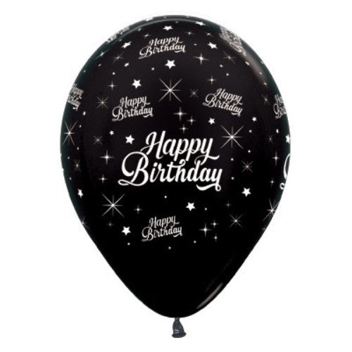 Pack of 6 shiny black metallic balloons with "Happy Birthday" message, perfect for elegant birthday celebrations.