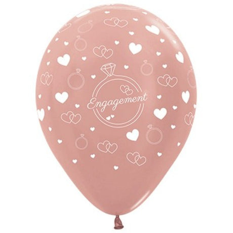 30cm rose gold metallic latex balloons with diamond rings and hearts, perfect for engagement celebrations and romantic events.