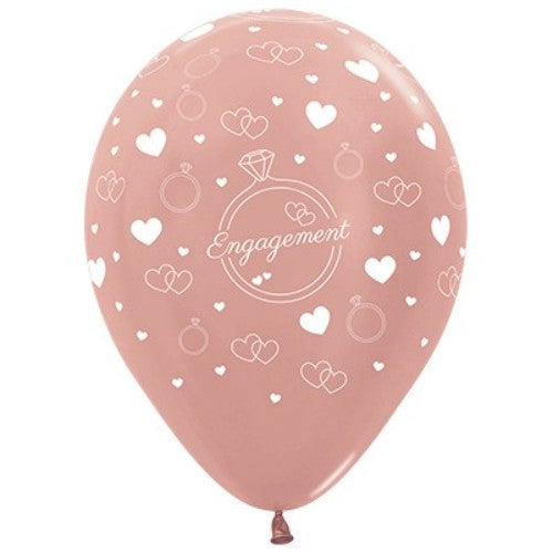 30cm rose gold metallic latex balloons with diamond rings and hearts, perfect for engagement celebrations and romantic events.