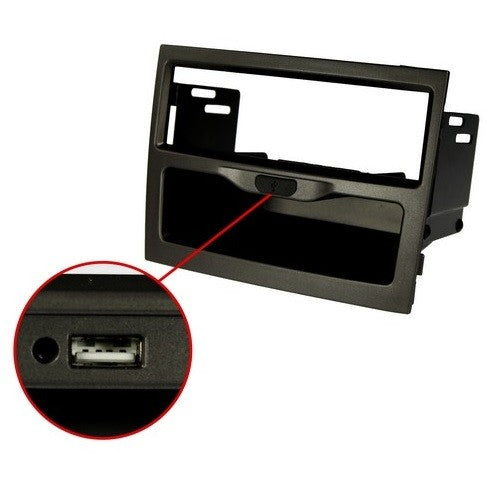 Facia panel for Vy-Vz Commodore with USB, enabling single DIN stereos in a sleek black finish for easy device charging.