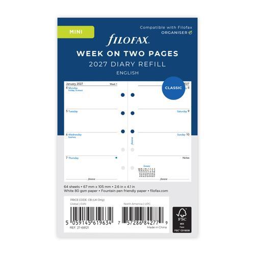 2027 Filofax Week to View Mini Organiser Refill