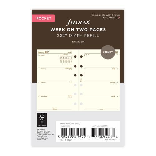 2027 Filofax Week to View Pocket Cotton Cream Organiser Refill