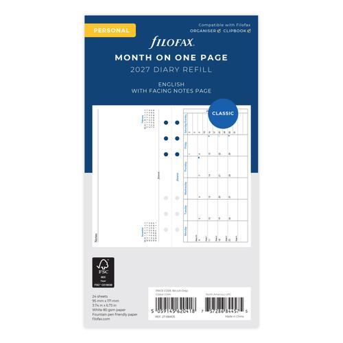 2027 Filofax Month to A Page with Notes Personal Organiser Refill