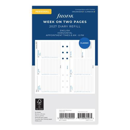 2027 Filofax Week to View with Appointments Landscape Personal Organiser Refill