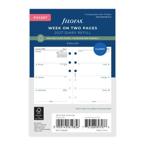 2027 Filofax Recycled Week to View Diary Pocket Organiser Refill