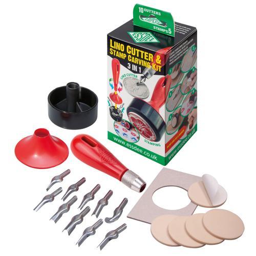 3-in-1 Lino & Stamp Carving Kit 10 Cutters 2 Stamps - Essdee