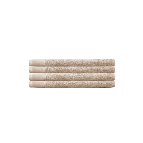 Elvire Hand Towel 4 Pack in Buff, crafted from luxurious cotton, featuring a plush design and modern ribbed border for elegance.