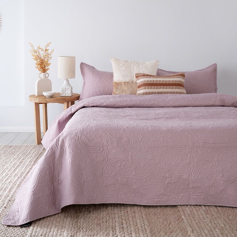 Lightweight Single/Double Paisley Coverlet Set in Dusk, featuring embossed design and matching pillowcases for stylish comfort.
