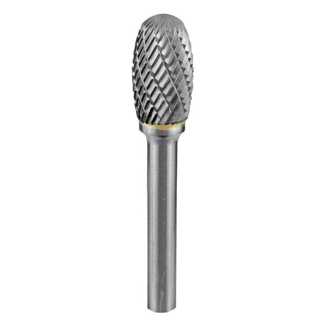 Oval-shaped 3/8 x 5/8in carbide burr for precise metalworking, contouring, and finishing with durability for various metals.