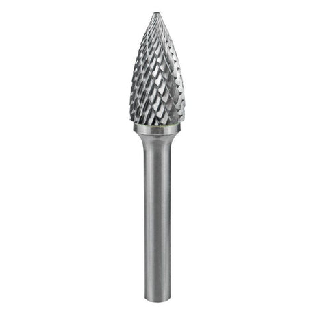 Carbide burr with tree shape and pointed end, ideal for shaping metal, wood, and plastics with precision.